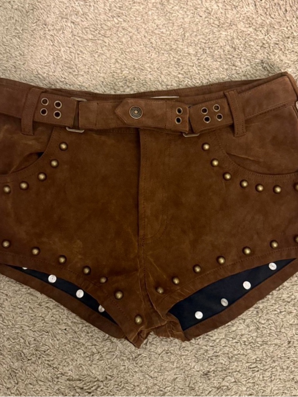 Free People Brown Suede Studded High-Waist Shorts